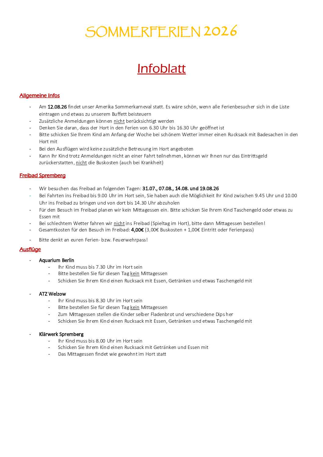 Sommerferienplan 2026